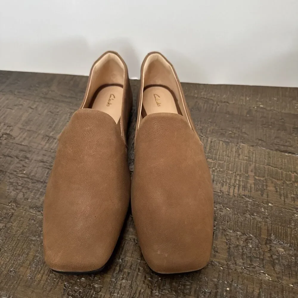 Clarks Womens Pure Slip Loafers Size 11.5 Camel Tan Suede Flats Shoes Square Toe